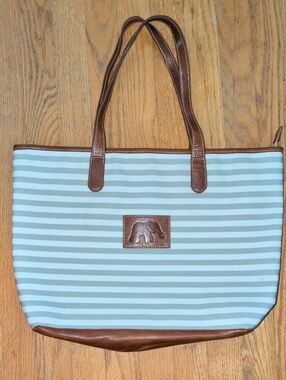 Striped Light Blue & White Tote with Brown Trim